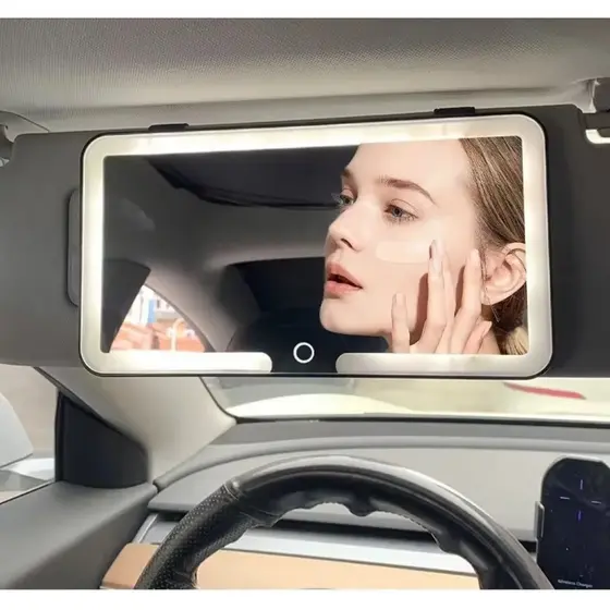Espelho de Maquiagem com LED para Carro Quebra-Sol Tela Sensível Ao Toque Recarregável Tipo C