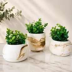 Kit Vasos de Gesso Marmorizado com Plantas Artificiais | Decoração Sala Quarto Banheiro