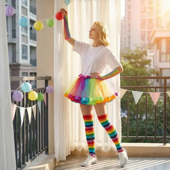 Saia Tule Arco-Íris Adulto-Tule Colorido 40cm para Festas e Carnaval (Cintura Elástica)