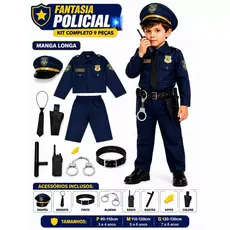 Fantasia Uniforme de polícia para crianças 8 pçs de dramatização+Acessórios/90-130 cm