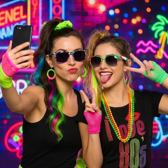 Kit de 5 Peças para Festa Retrô: Peruca,Colar,Luva e Brincos-Acessórios Disco Anos 80 com Temática Neon