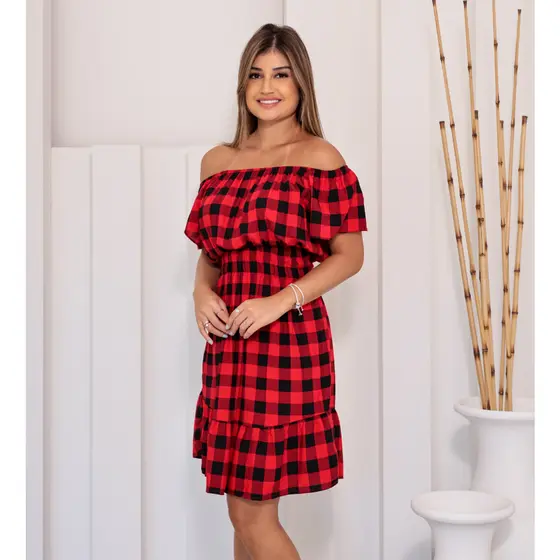 Vestido Curto de Ombro a Ombro Com Elastic na Cintura Xadrez