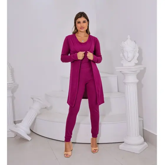 Conjunto Feminino Regata Calça E Cardigan Kimono 3 Peças Inverno Frio Premium
