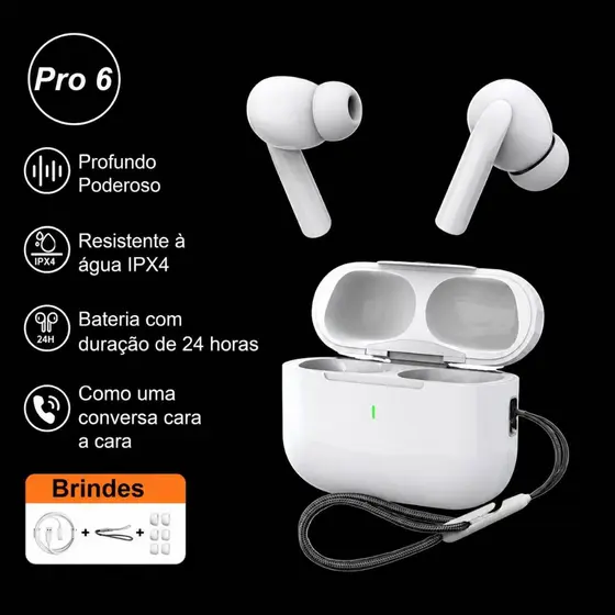 Fone Sem Fio Bluetooth Airs Pro6 Com Cancelamento De Ruído USB-C Bluetooth Pop-Up GPS iOS Android