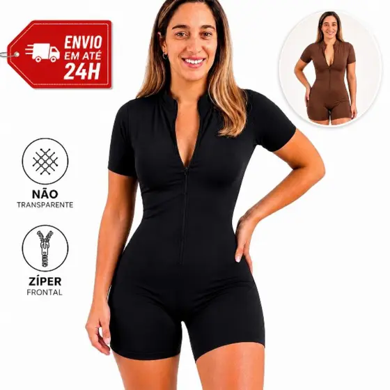 Macaquinho Feminino Academia Fitness Zíper Frontal Confortável Modelador Suplex  Macacão Shorts Curto Yoga