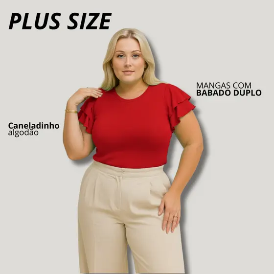 Blusa Feminina Plus Size com Babado Duplo Malha Canelada