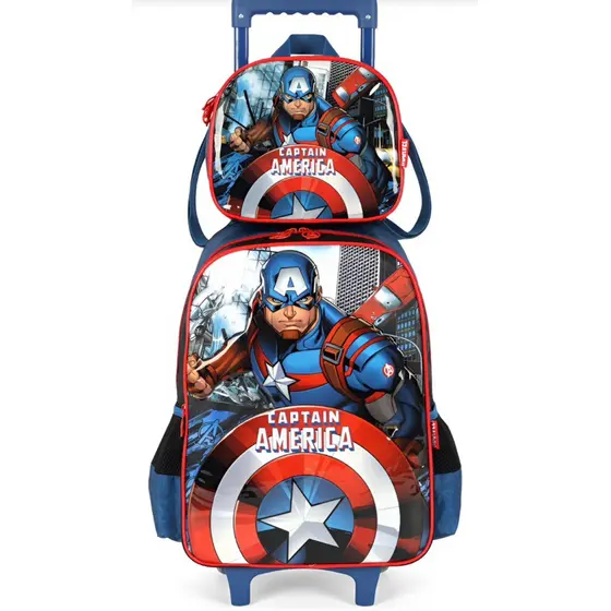 Kit mochila carrinho + lancheira escolar infantil Capitão América Luxcel Avangers Disney
