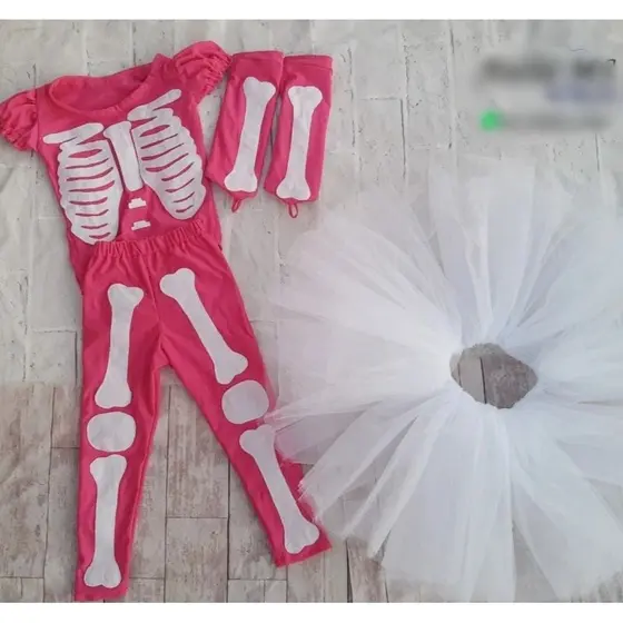 Fantasia de esqueleto rosa com saia de tule | Fantasia de Hallowen | Fantasia de esqueleto