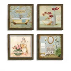 KIT - 4 Quadros Decorativos-23x23cm cada, com vidro, para Banheiro-Decoração Flor/banheira/perfume/espelho