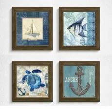 Kit - 4 Quadros Decoração Com Moldura e Vidro 23X23cm cada - ANCORA/CONCHAS/BORBOLETAS