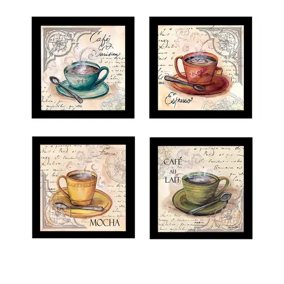 KIT - 4 Quadros Decorativos Com Moldura E Vidro - 23x23cm cada- "Xicaras"  Cozinha / Decoração / Café / Cantinho Do Café