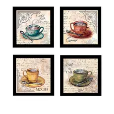 KIT - 4 Quadros Decorativos Com Moldura E Vidro - 23x23cm cada- "Xicaras"  Cozinha / Decoração / Café / Cantinho Do Café