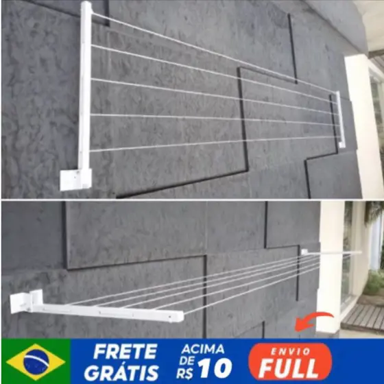 Varal Retrátil para Casa e Apartamento em Polipropileno Cabo Dobrável Resistente 60Kg Retrátil Parede Muro Até 4mt