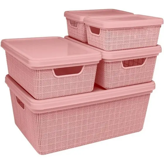 Kit 5 Caixas Organizadoras Trama Jaguar com Tampa (15L, 5L, 1.8L) - Várias Cores