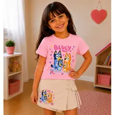 Peças Infantil Bluey Familia Cachorrinho Camiseta e Saia Shorts Blogueirinha - Roupa de Personagens