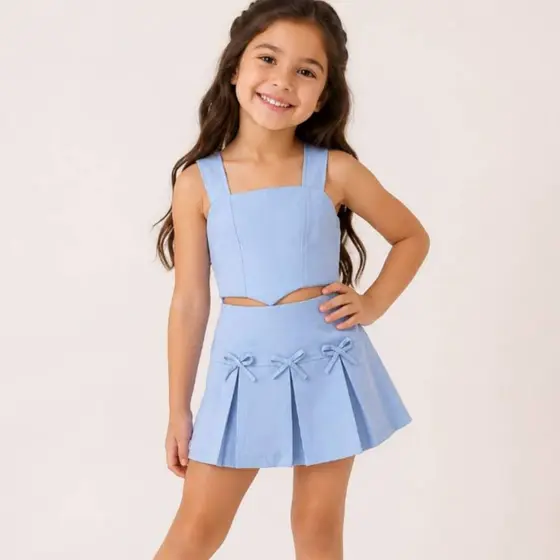 Conjunto Alfaiataria Infantil Laço Plissado Cropped e Short Saia / Roupa Social de menina