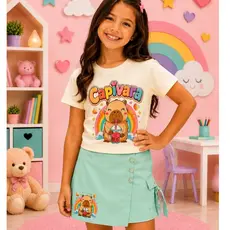 Conjunto Capivara infantil menina, Blusinha 100% Algodão e Short Saia em Alfaiataria. Look tendência blogueirinha