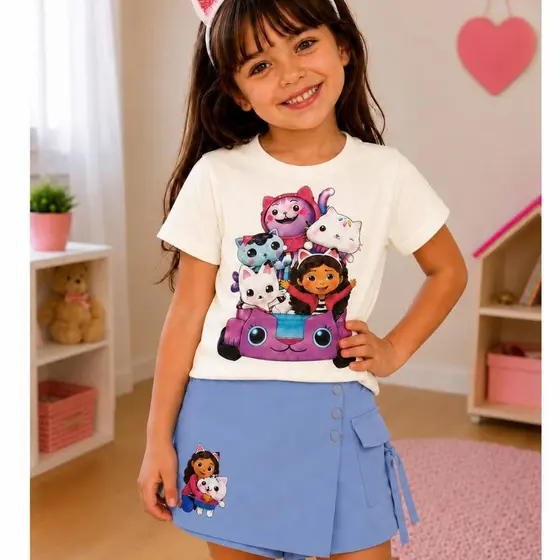 Roupa Infantil A Casa Mágica da Gabby - Camiseta e Saia Shorts - Menina Blogueirinha - Roupa de Personagens