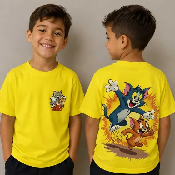 Camiseta Infantil Tom e Jerry 100% Algodão Estampa Frente e Costas divertidas de personagens Amarela