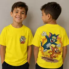 Camiseta Infantil Tom e Jerry 100% Algodão Estampa Frente e Costas divertidas de personagens Amarela