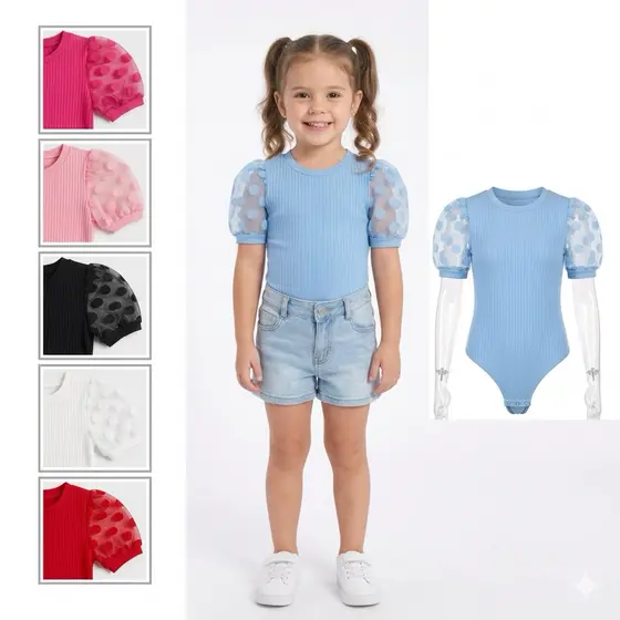Body canelado infantil com Manguinha em Renda. Colan infantil.