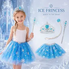Kit 4 Fantasia Princesa Frozen Elsa Gelo Cabelo+Coroa+Varinha+Saia Cosplay/Festa/Helloween/Aniversário/Casamento