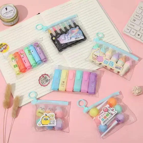 Kit 10 Pacotes/Com 6 Peças Mini Marcador De Texto / Kawaii Desenho Fofo Marca Texto