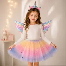 Kit 3 Fantasia Infantil Unicórnio Asa+Saia+Tiara Cosplay/Festa/Carnaval/Helloween/Aniversário/Casamento
