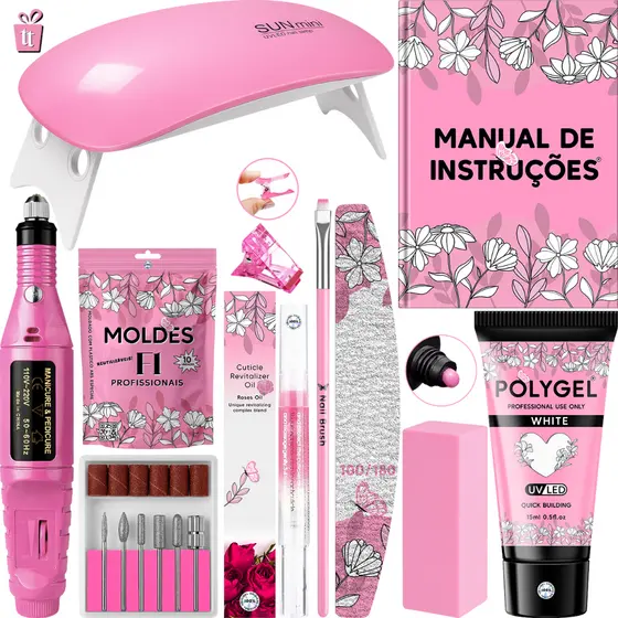 Kit Polygel + Lixadeira Caneta + Cabine Sun Mini + Polygel + Molde F1
