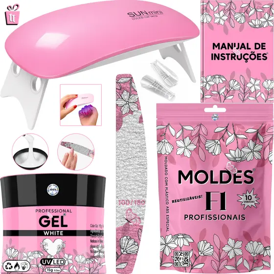 Kit Unha Gel Construtor Unhas Profissional – Molde F1 + Lixa + Mini Cabine UV/LED – Nail Completo