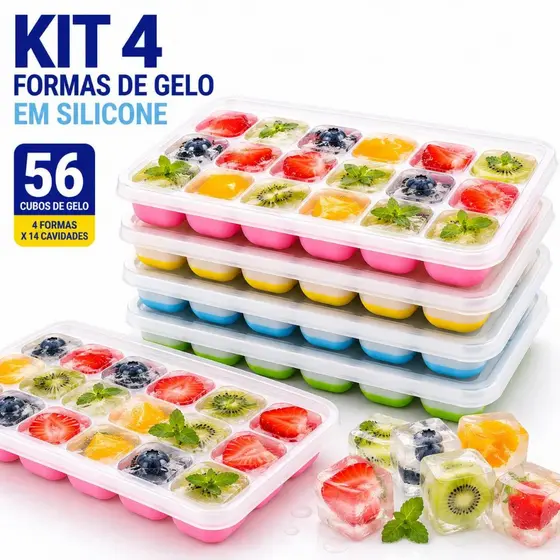 Kit com 4 ou 2 Forma De Gelo Fundo Silicone 14 Cubos Tampa Rígida