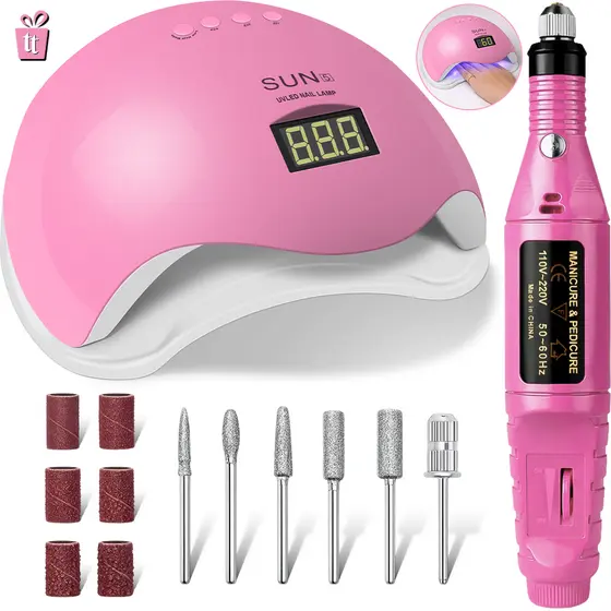 Kit Lixadeira Elétrica Motor Caneta + Cabine Estufa de Unhas 48W Sun 5 UV LED Manicure Profissional