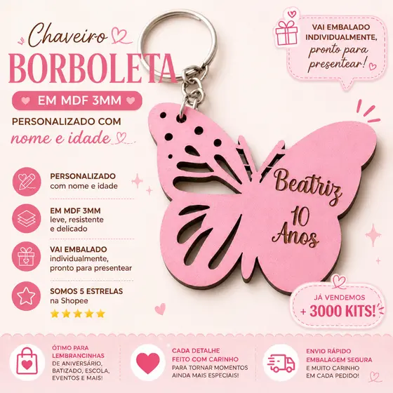 Kit de Chaveiros Borboleta em MDF Colorido Personalizado ( de 20 até 100 unidades)