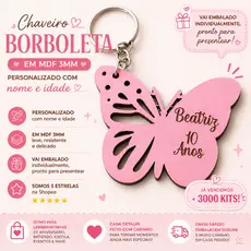 Kit de Chaveiros Borboleta em MDF Colorido Personalizado ( de 20 até 100 unidades)