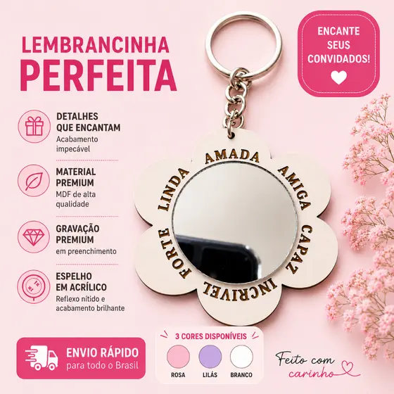 Chaveiro Flor em MDF com espelho Personalizável Lembrancinha