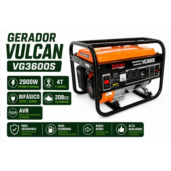 Gerador Portátil Gasolina Bivolt 2900W 212cc 7HP Para Casa Sítio Vulcan
