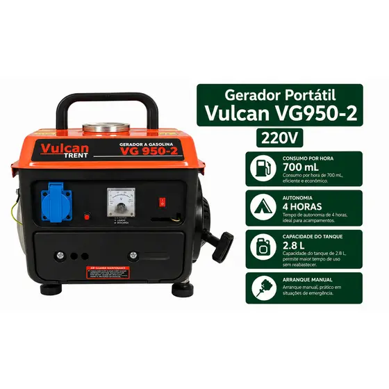 Gerador Portátil Vulcan VG950-2 950W Monofásico 220V Gasolina