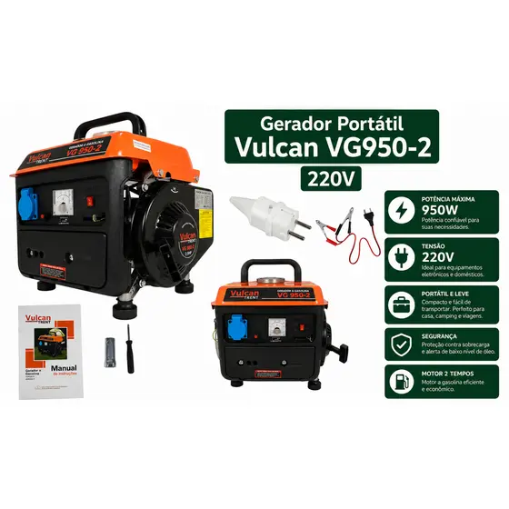 Gerador Portátil Vulcan VG950-2 - VG950-1 950W Monofásico  - 220V - 110V Gasolina