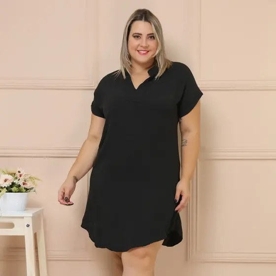 Vestido Curto Plus Size Manga Curto Gola V Elastex/COD:V47