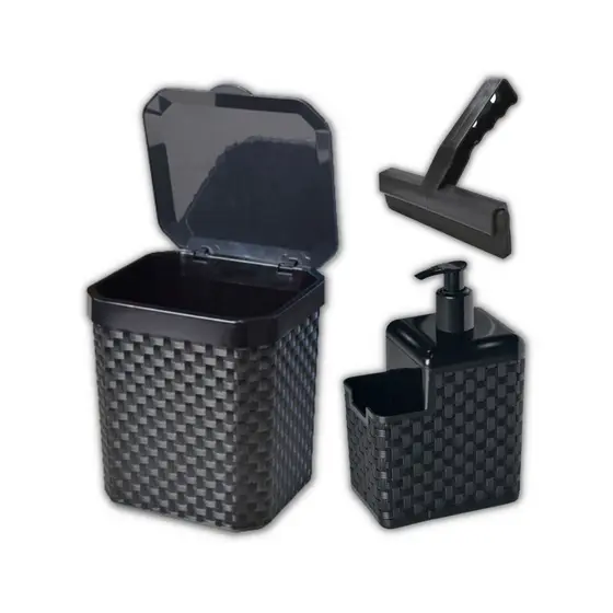 Kit Lixeira Pia 5l C Tampa + Porta Detergente Bucha Cozinha + Rodinho De Pia