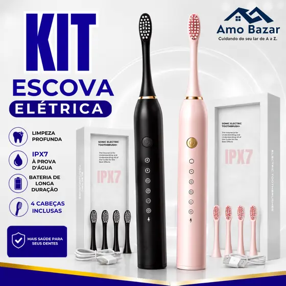 kit 2 Escova de dente Eletrica IPX7 recarregavel prova d'água portatil 7 modos 8 cabeça limpeza profunda