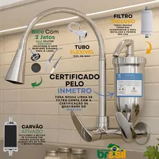 Torneira com Filtro para Cozinha Inox Gourmet Cromada Refil Carvão Ativado dois jatos parede