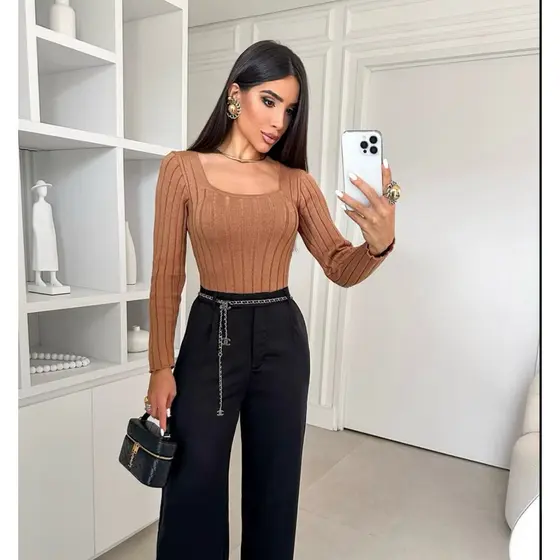 Body Blusa Feminina Básica Tricot Modal Gola Quadrada