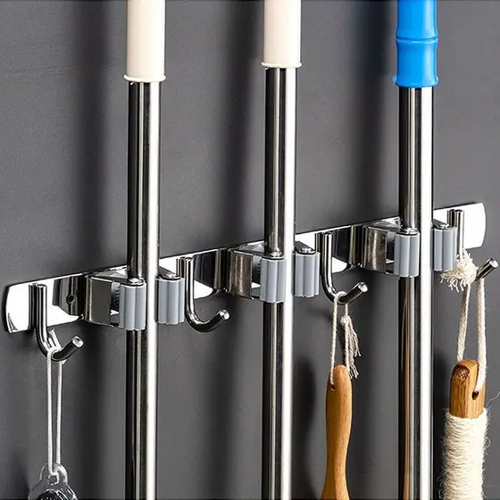 Suporte Inox Multiuso de Parede - Gancho para Vassoura, Rodo e Pá Cozinha
