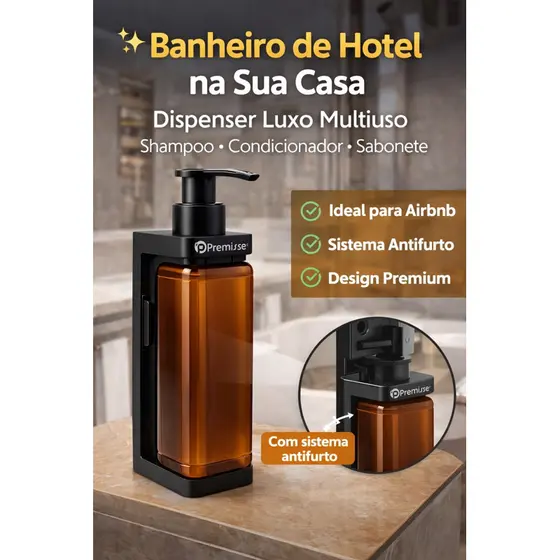 Suporte + Frasco Ambar Válvula Pump com Dispenser de Parede Shampoo Sabonete líquido Banheiro Box Chuveiro Hotel pousada