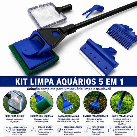 Kit Limpeza Aquário 5 em 1 Aquatank Raspador de Algas Escova e Rede