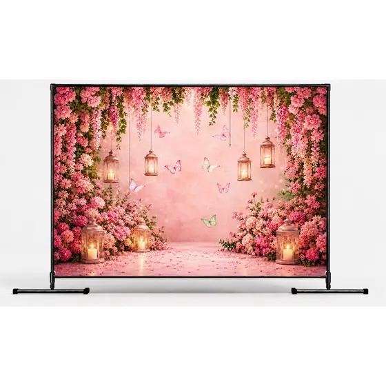 Painel retangular Borboletas e Flores 3D Tecido Sublimado Festa Várias Medidas