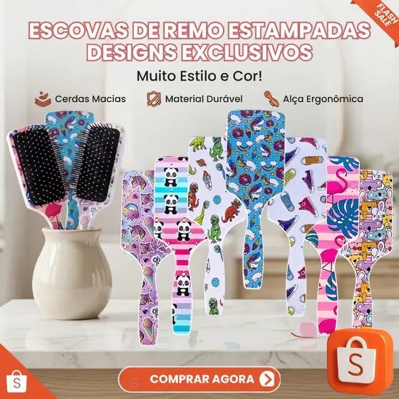 Escova Cabelo Escobel Raquete Cerdas Pino Estampada Pente Decarada