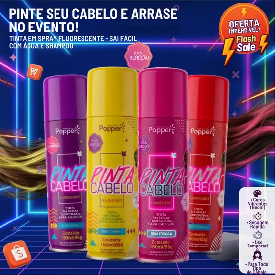 Kit 4 Spray Popper Pinta Cabelo Maluco Tinta Lavavel Temporaria Colorida Festa Fantasia
