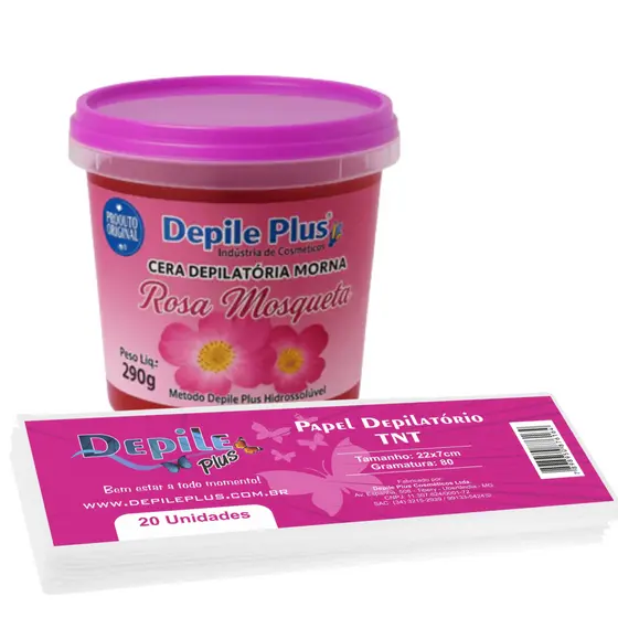 Kit Cera Depilatória Hidrossolúvel Rosa Mosqueta 290g+ Papel para Depilação com 20 unidades Depile Plus